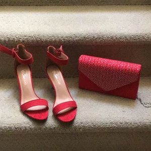 Red suede ankle pumps with matching  clutch